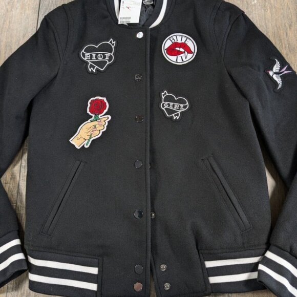 H&M Divided Varsity Jacket Womens 2 Black Long Sleeve Patches Riot Girl Vampire - Picture 2 of 10